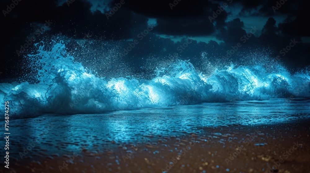 Wall mural  a body of water with a bunch of waves crashing on top of it and a dark sky with clouds in the background and a few lights on top of the water.