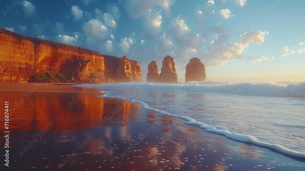 Poster a view of a beach with waves coming in to the shore and a cliff in the distance with clouds in the s