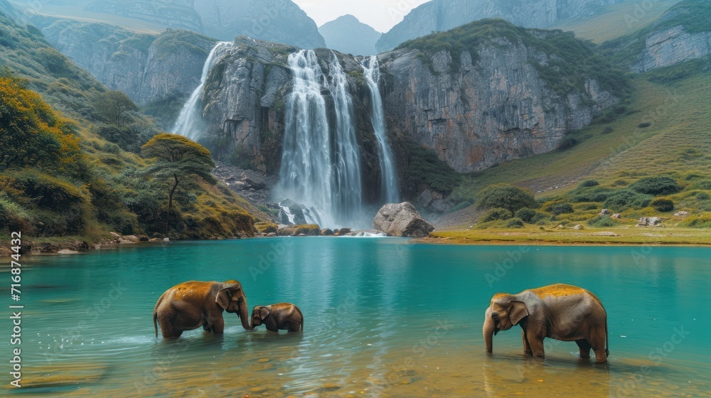 Poster a group of elephants standing in a body of water in front of a waterfall with a waterfall on the oth