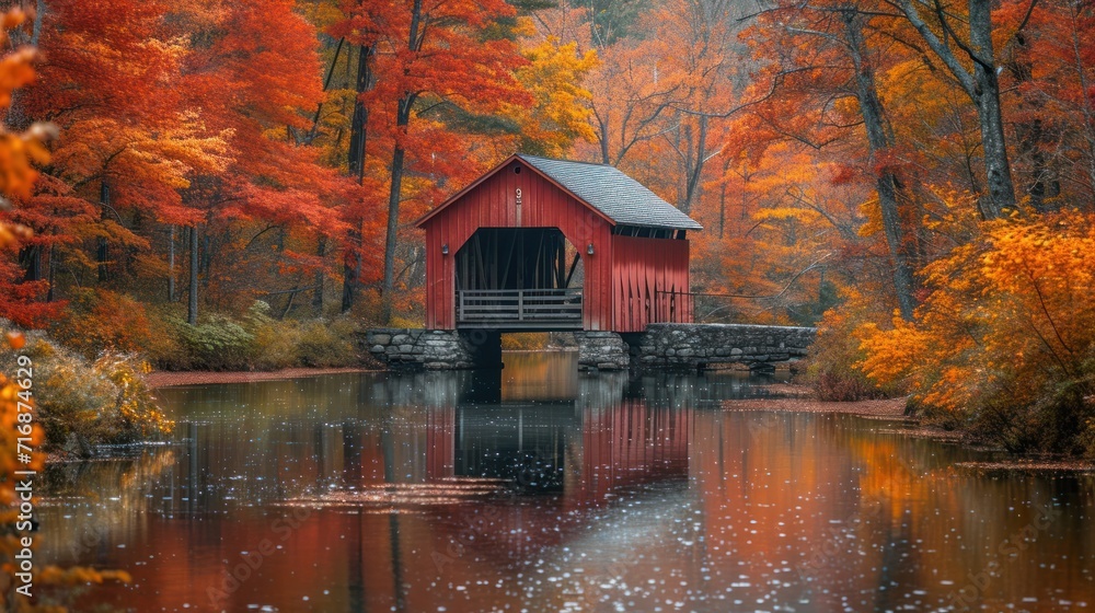 Poster  a red covered covered bridge over a body of water surrounded by trees with orange and yellow leaves on the trees and water in front of the bridge is reflecting in the water.