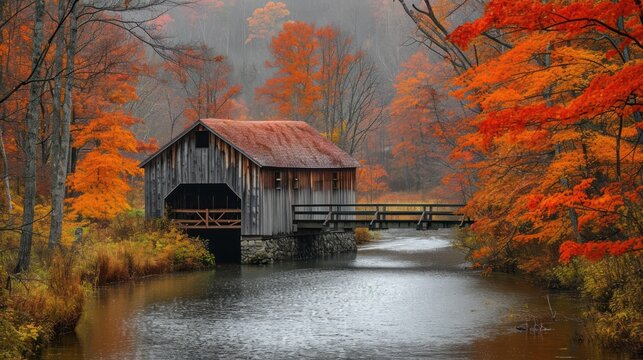  a wooden covered bridge over a river surrounded by trees with orange and yellow leaves on the trees and in the background is a wooden covered bridge with a red roof.