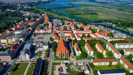 Aerial view of the town Anklam  on a sunny day in late Spring in Germany