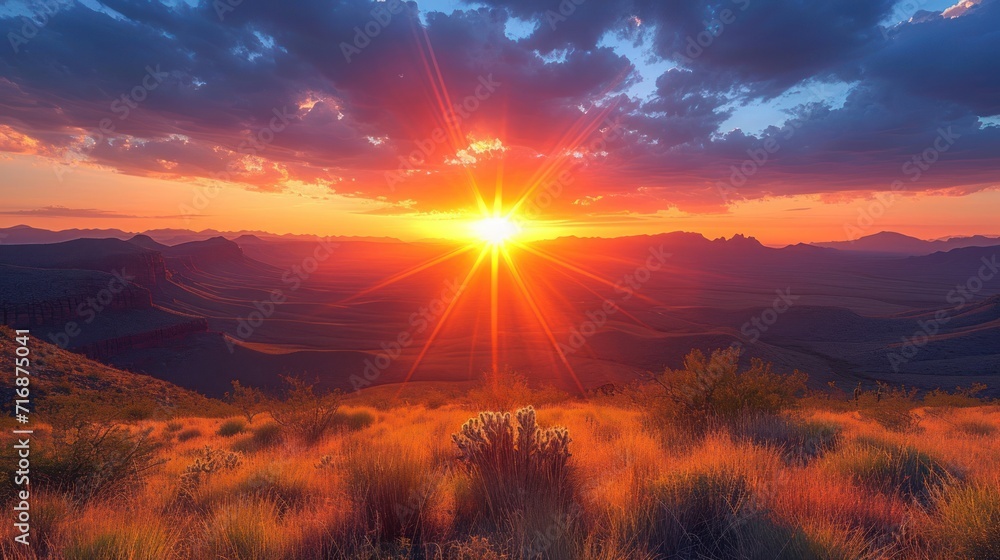 Poster the sun is setting in the sky over a mountain range with a cactus in the foreground and a field in t