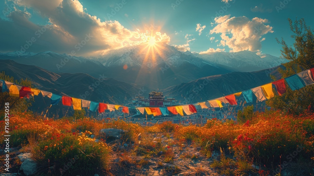 Poster the sun shines through the clouds over a mountain range with a buddhist temple in the foreground and