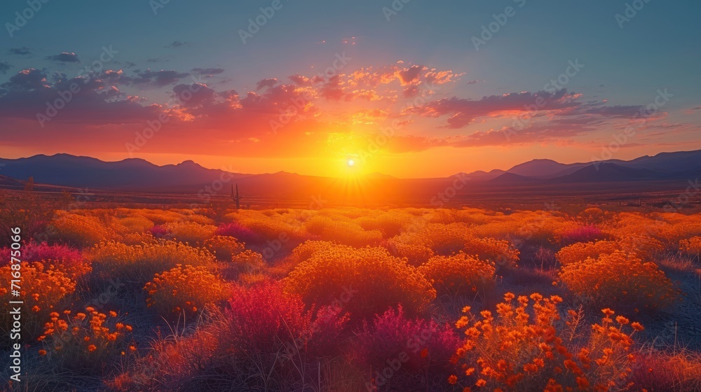 Poster the sun is setting over a field of wildflowers in the middle of a field with mountains in the distan