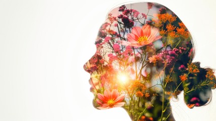 beauty of blossoms and devotion intertwined harmoniously in a double exposure design gracing the features of a female head.