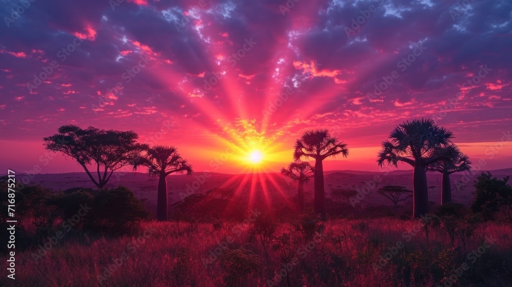 Poster a sunset with palm trees in the foreground and a pink sky in the background with a sunburst in the m