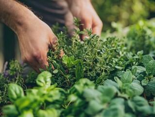 Close-up of a person's hands picking fresh herbs from a home garden