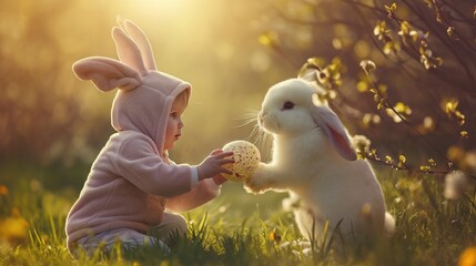 Precious moment of a child in a bunny costume receiving an Easter egg from the Easter Bunny itself