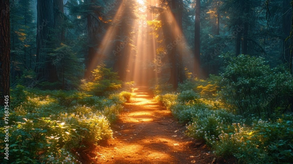 Poster a path in the middle of a forest with bright beams of light coming out of the trees on either side o