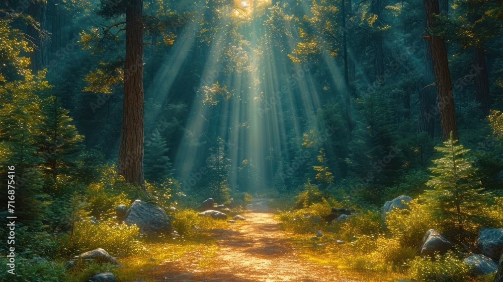 Canvas Prints a painting of a path in the middle of a forest with a bright light coming from the top of the trees 