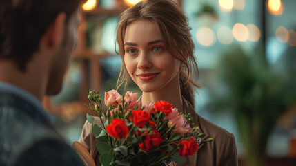 A man gives flowers to a woman. Happy birthday greetings. A man takes care of a woman.