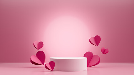 pink valentines day background, one round podium display, 3d render illustration,  template