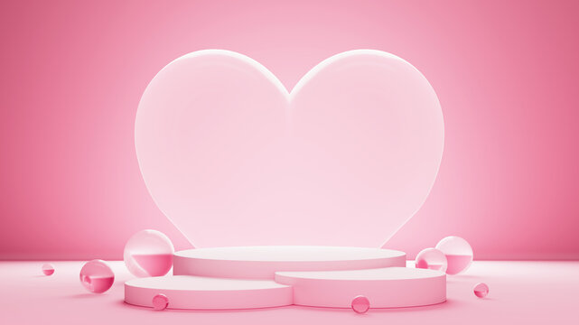 pink white glass heart podium display background, transparent balls, Happy Valentine's day background, greeting design with abstract 3d composition, 3d render mock up, stage for cosmetic products