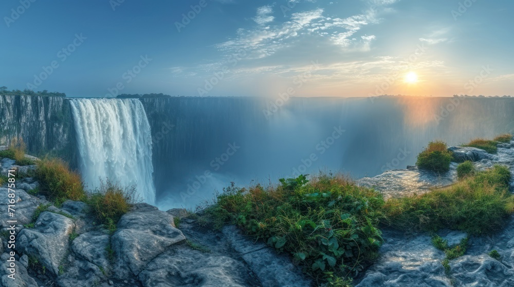 Poster the sun is setting over a waterfall in the middle of a large body of water with a waterfall in the m