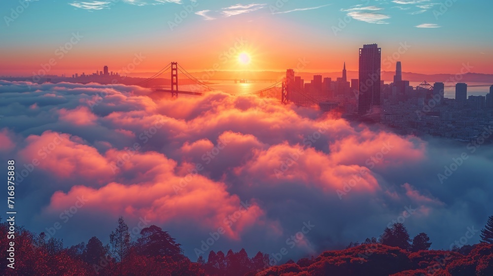 Poster a sunset view of the golden gate bridge over a sea of clouds in the foreground is a city and a bridg