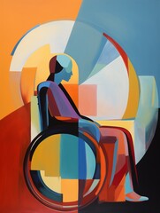 Modern abstract art painting, original colorful artwork evoking a wise man or woman sitting on a wheelchair, handicapped person, spirals, circles and squares of different colors, nice page decoration