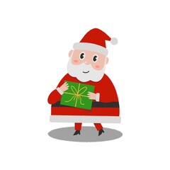 Cartoon illustration of Santa Claus with gift, holiday, full-length Santa Claus, fairy tale character, Christmas, stylized illustration of Santa Claus in red.