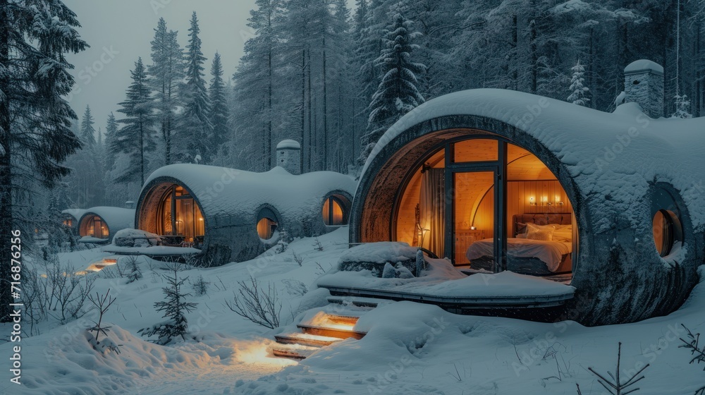 Poster a group of cabins in the middle of a forest with snow on the ground and stairs leading up to them an