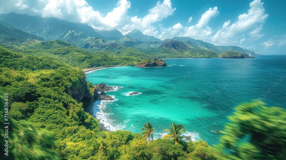 Poster an aerial view of a tropical beach with a mountain range in the background and a body of water in th