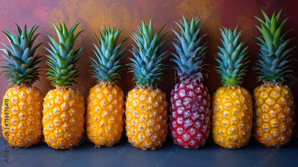 Poster a row of pineapples sitting next to each other in front of a red and yellow wall with a red wall beh