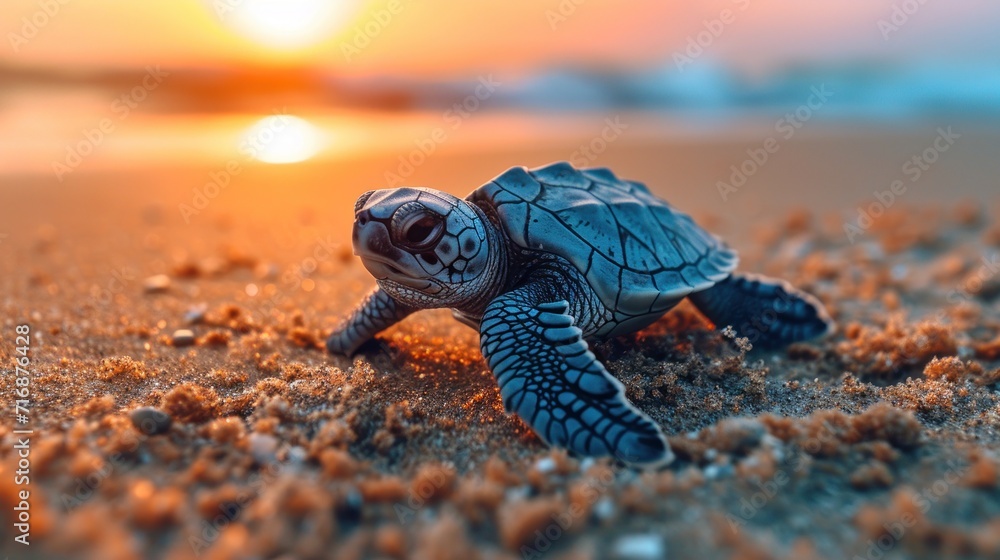 Poster a close up of a sea turtle on a beach near the ocean with the sun setting in the background and a bo