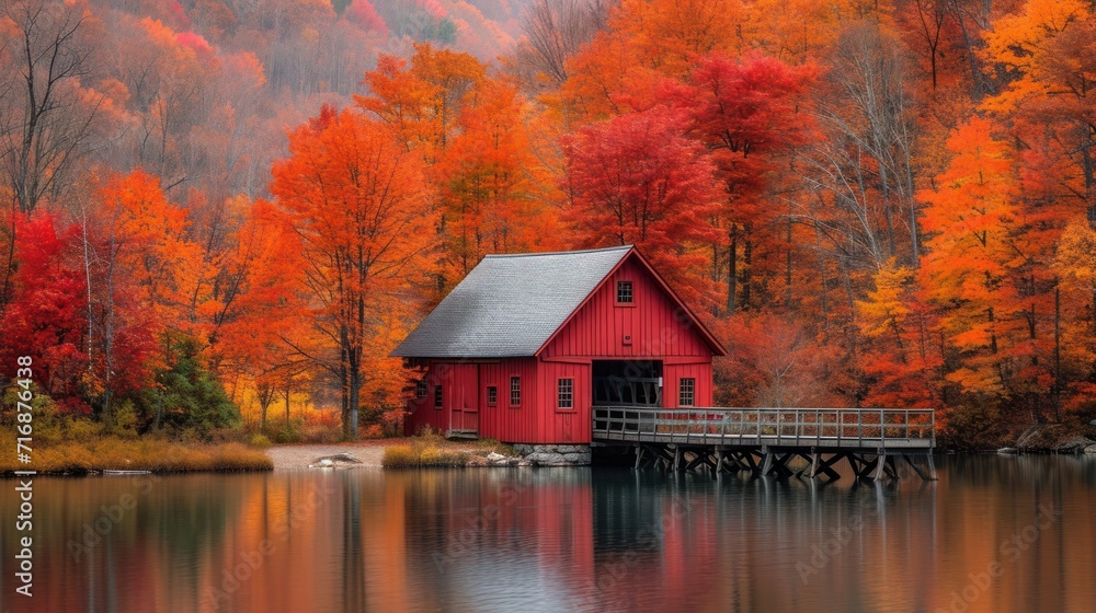 Poster a red house sitting on top of a lake in front of a forest filled with orange and red trees with a do