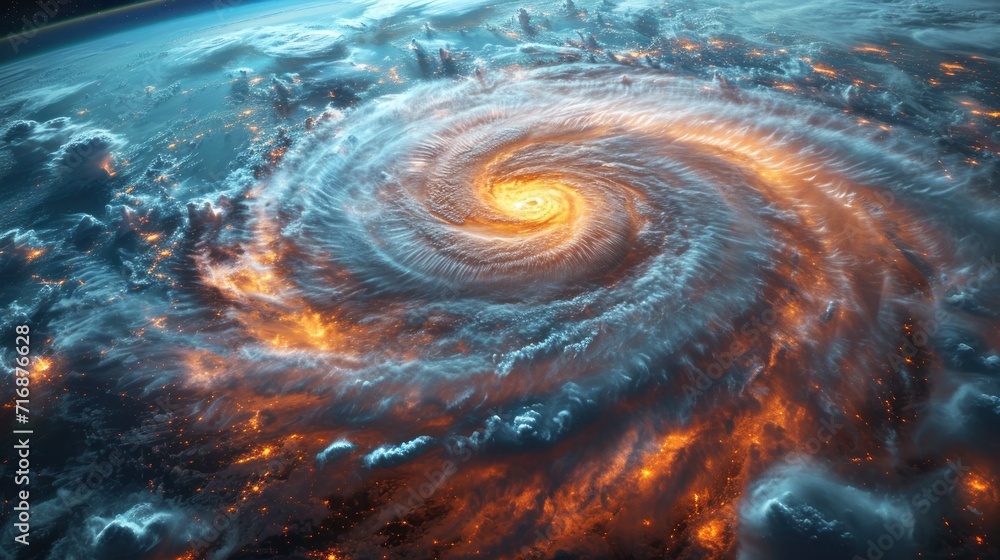 Poster a close up of a storm in the middle of the earth with a fireball in the middle of the center of the 