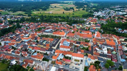 Fototapeta na wymiar Aeriel of the old town of the city Tirschenreuth in Germany on a cloudy summer day