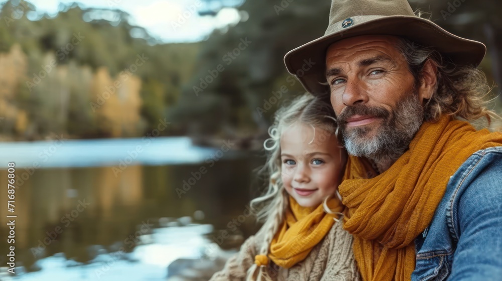 Poster a man and a little girl standing next to each other in front of a body of water with trees in the ba