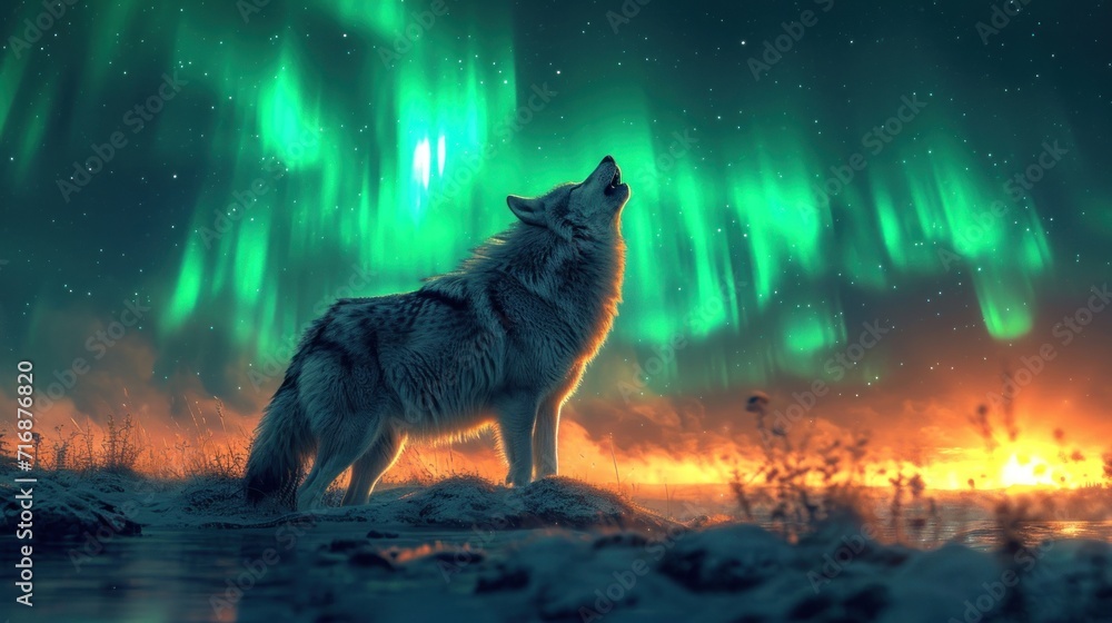 Aufkleber a wolf standing on top of a snow covered field under a green and red aurora bored sky with the auror