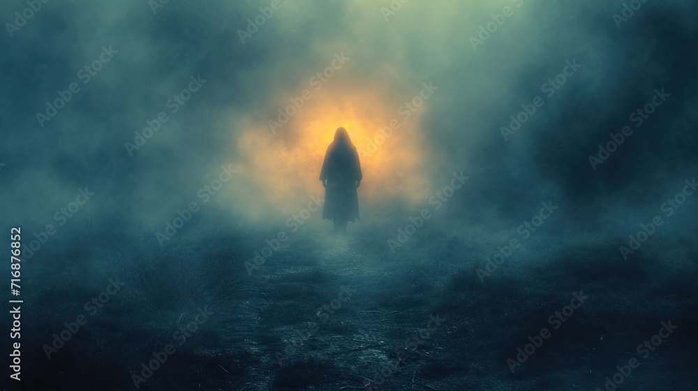Poster a person standing in the middle of a foggy area with a light shining through the fog in the middle o