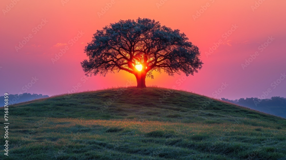 Poster a tree on top of a hill with the sun setting in the middle of the tree and the sun setting in the mi