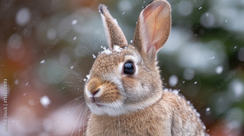 Poster a close up of a rabbit with snow falling on it's head and ears, looking at the camera with a blurry 