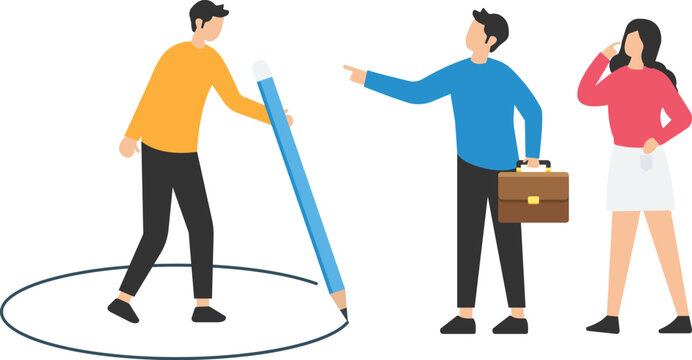 Personal space, privacy or work boundary to limit access and protect from people, introvert or safe zone, Using pencil to draw personal space, Circle to protect from coworkers

