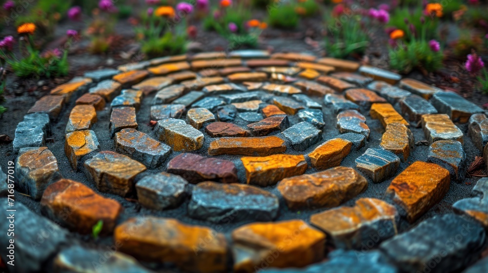 Poster a close up of a circular design made out of small rocks in the middle of a field with purple and ora