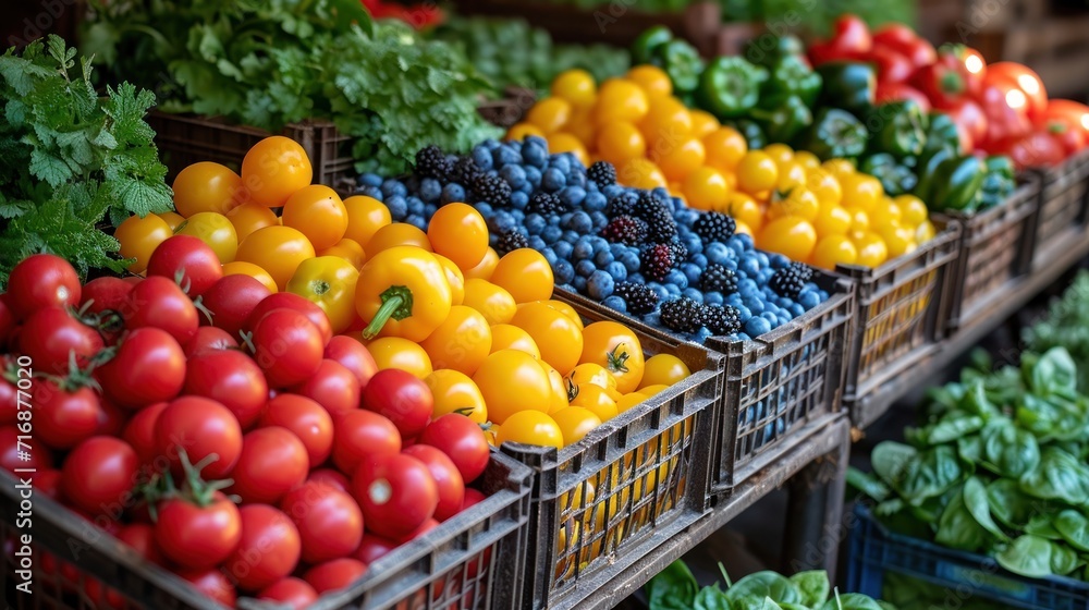 Poster a bunch of baskets filled with lots of different types of fruits and veggies on top of each other in