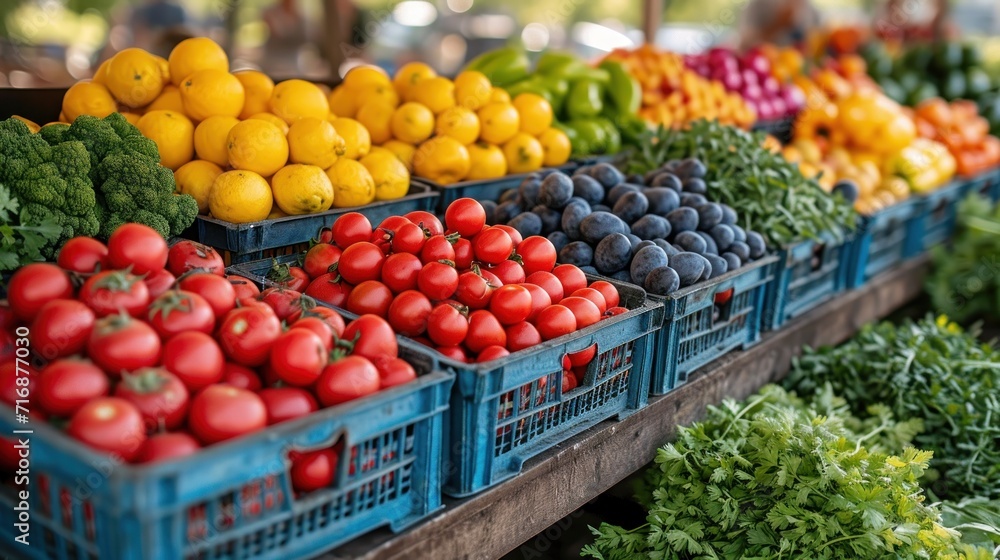 Poster a bunch of crates filled with lots of different types of fruits and veggies on top of a wooden table