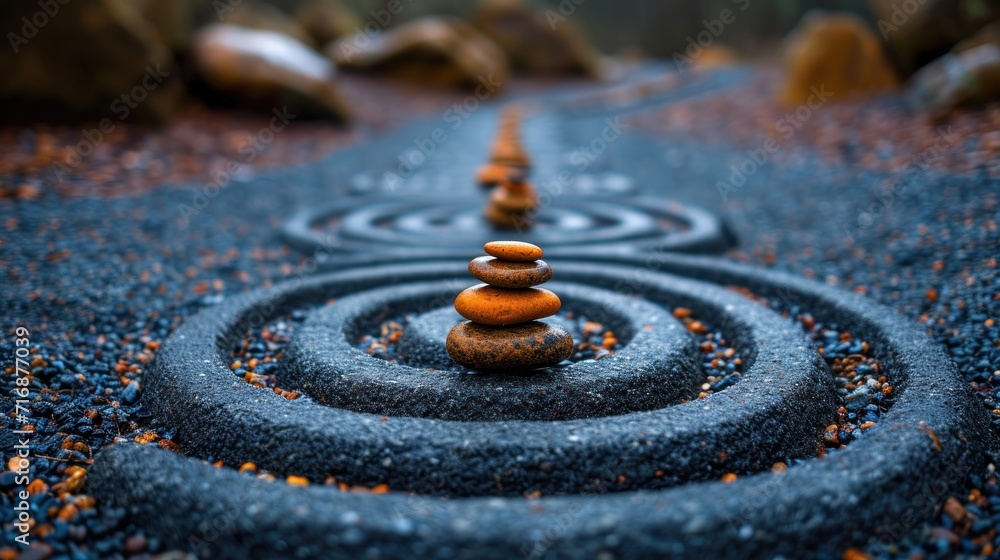 Poster a group of rocks stacked on top of each other in the middle of a spiral design on a gravel path in t