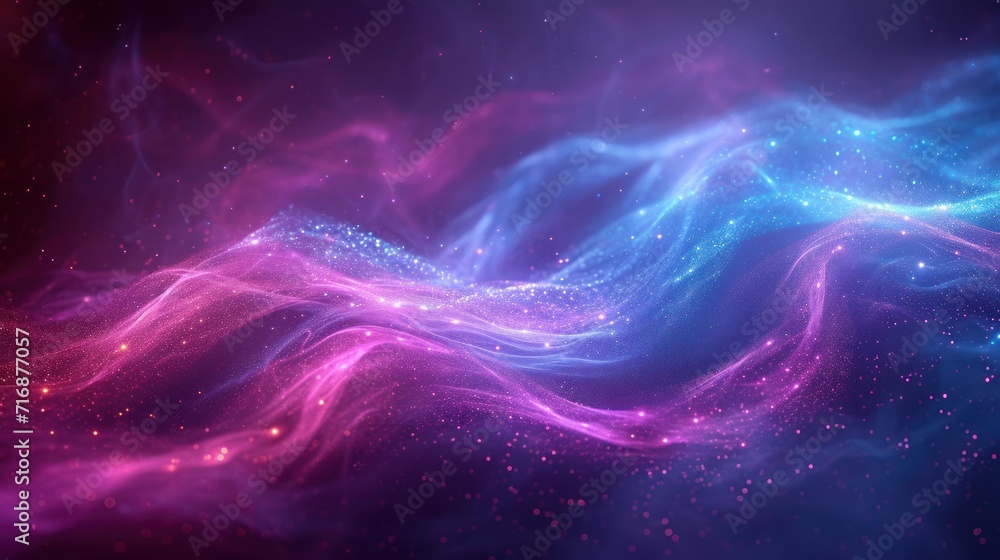 Poster a computer generated image of a blue and pink wave of light with stars in the middle of the image an