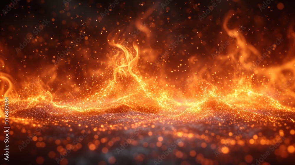 Poster a dark background with a lot of orange and yellow fire and smoke on top of a black surface with smal