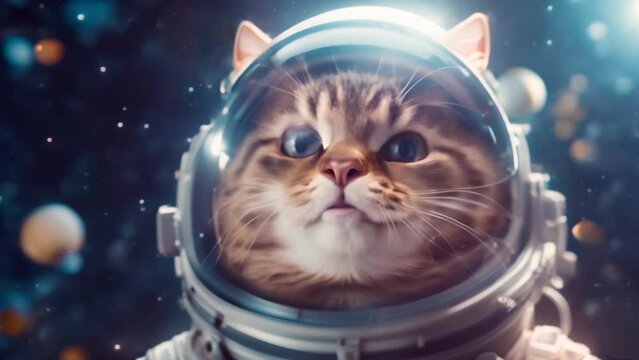 Cute cat or kitten in a spacesuit in space against the background of stars and planets.