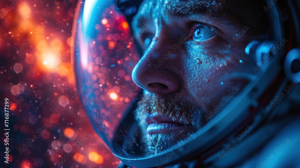 Poster a close up of a person in a space suit looking out of a space station window with bright lights in t