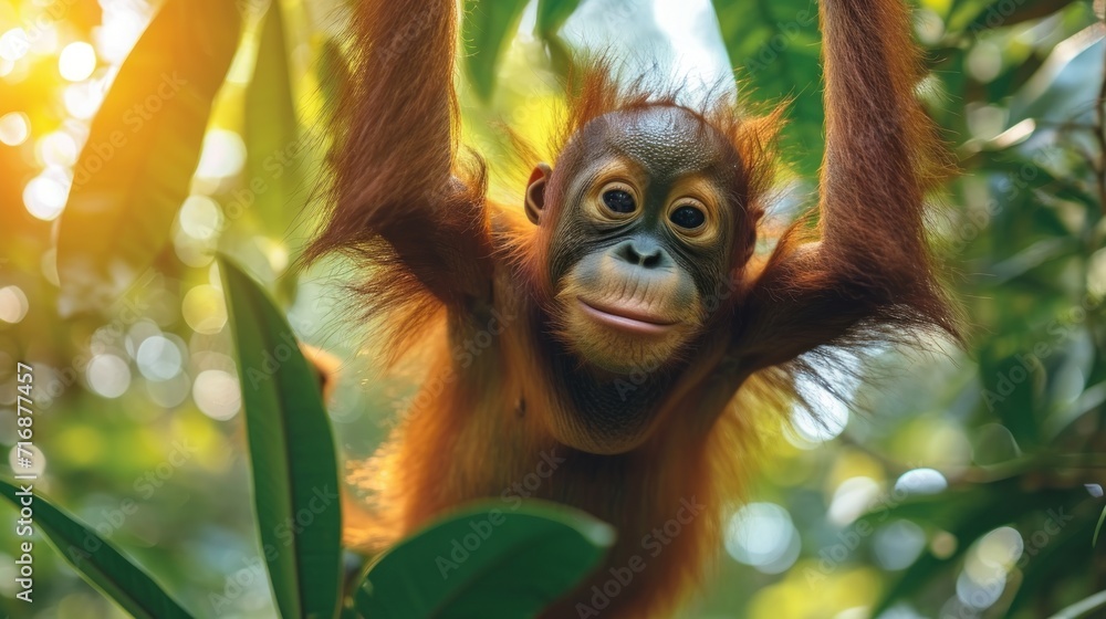 Poster a baby oranguel hanging from a branch in a tree looking at the camera with a smile on it's face and 