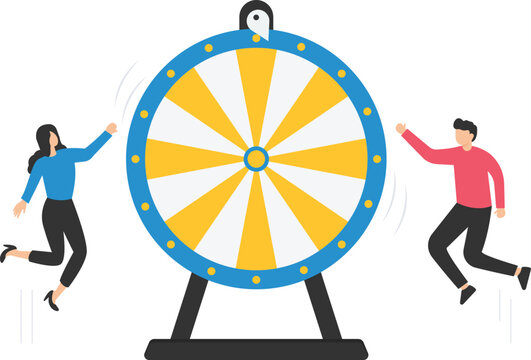 Life depends on luck, Fortune wheel randomness, Chance and opportunity to get a new job, investment winning or gambling, Looking at spinning fortune wheel

