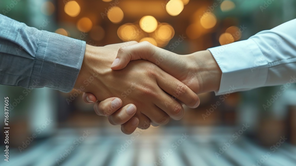 Poster two men shaking hands in front of a table, with a blurred background the men appear to be in a profe
