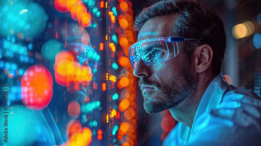 Poster a man in a lab coat and safety goggles looking at a computer screen with colorful lights in the back