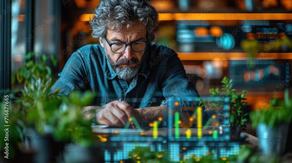 Poster a man sitting at a table with a plant in front of him and a plant in front of him in front of him is