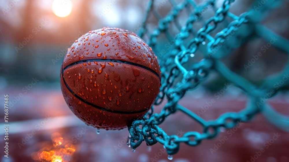 Poster a close up of a basketball on a chain - link net with water droplets on the surface of the net and t