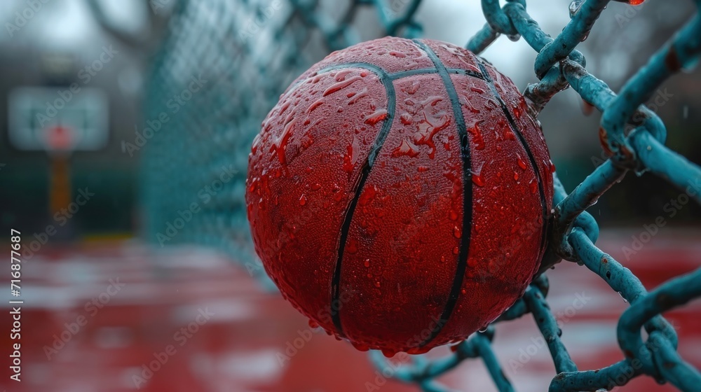Poster a close up of a basketball on a chain link fence with a red basketball in the middle of the net with